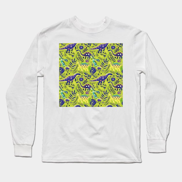 Delightful Dinosaurs in Enchanted Garden Pattern Long Sleeve T-Shirt by star trek fanart and more